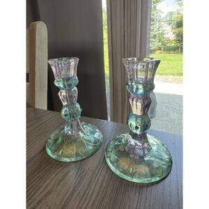 Retired PartyLite Mardi Gras Taper Candle Holder Set Of 2 Pastels Bejeweled 5”